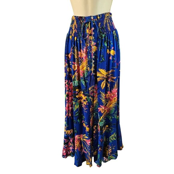Cynthia Rowley Cinch Waist Maxi Skirt Sz M Tropical Blue Rayon Button Tie Front - Picture 3 of 10